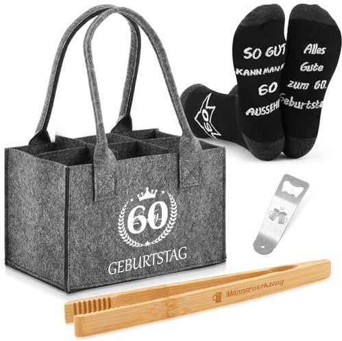 SATINIOR 4 Stück Bier Tasche Männer Geburtstag Geschenk Männerhandtasche Filz Flaschentasche 24 cm 6 Fächern Lustig Biersocken Flaschenöffner Grillzange Vatertag(SO GUT KANN Man MIT 60 Aussehen)