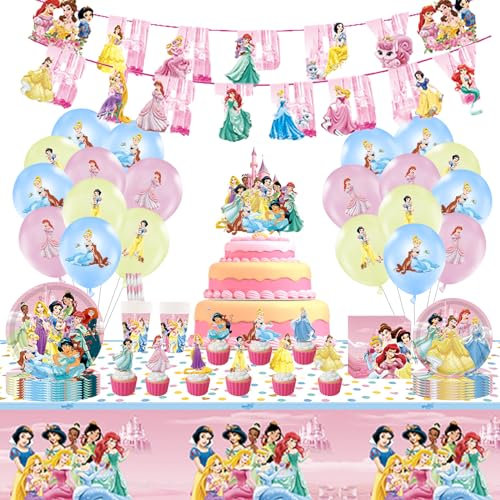 105pcs Princess Party Decorations, Birthday Decorations Princess Party Supplies with Tableware Banner Balloons Cupcake Toppers for Girls Kids