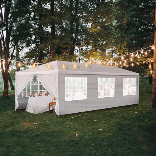 3 x 9m Party Tent Gazebo with Sidewall(8 Sides) & Windows, Height 2.6m,Outdoor Gazebo Marquee Garden Wedding Party Tent Waterproof Patio Canopy for Sun Rain Shelter, White (3X9M)