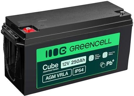 Green Cell AGM 12 V, 250 Ah, con batteria IP54, batteria al piombo, batteria al piombo, batteria al gel, resistente ai cicli, Unbemann Caravan fotovoltaica, sedia a rotelle, batteria solare (12 V, 250