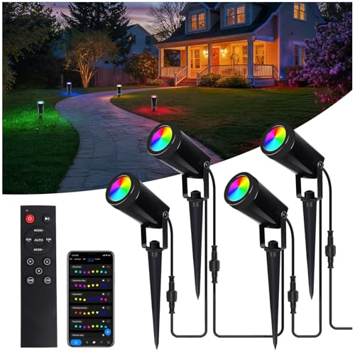 GOOGO Garden Lights Mains Powered, 4-in-1 RGBCW LED Landscape Spotlights with App and Remote Control, Adjustable Color Temperature, IP65 Waterproof Outdoor Spot Light for Lawns, Driveways