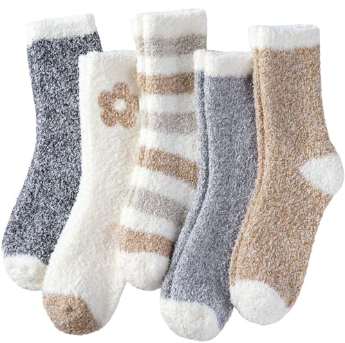 Fuzzy Socks for Women, Khaki Gray Fluffy Cozy Winter Slipper Socks 5 Pairs