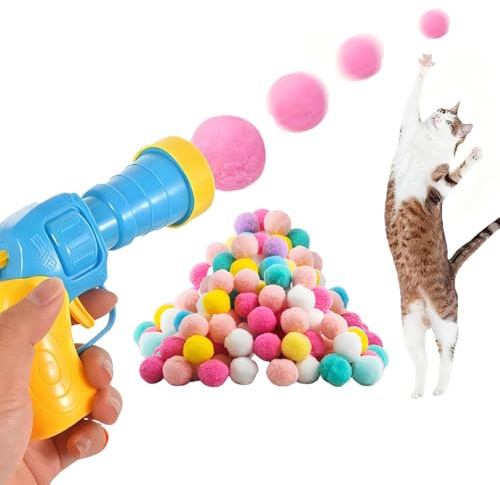 FUVBNQGT 100 Pcs Soft Plush Balls with Plush Cat Ball Launcher-Funny Cats Ball Launcher,Kitten Fetch Toys for Indoor Pets Exercise Training Chasing Playing for cats