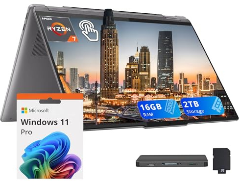 Lenovo Yoga 7 Ordinateur portable tactile WUXGA 2 en 1 de 16 po, AMD Ryzen 7 8840HS, 16 Go LPDDR5X, 2 To de stockage (ensemble de station d'accueil SSD 1 To + 1 To), clavier rétroéclairé, lecteur