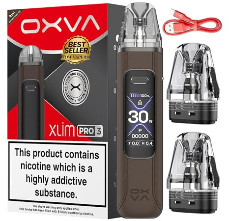 Oxva Xlim Pro 3 Vape Pod Kit - 1500mAh & 2A Fast 30 Minute Charging, 5-Day Use, 10 Colours, Built In Battery Pods, Xlim Pods Compatible, Refillable, No Nicotine (Brown Leather)