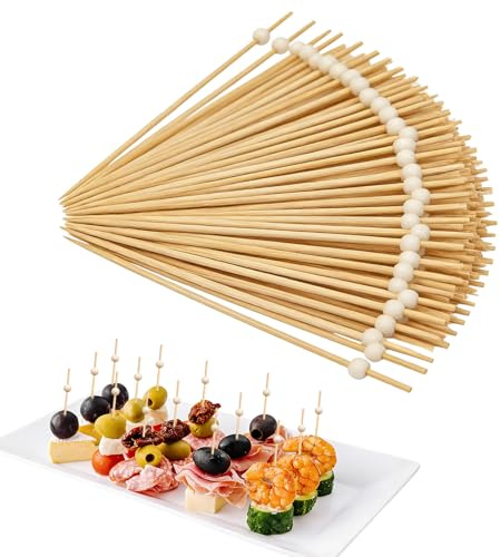 Feegela 100 Stück Cocktailspieße mit Holzperlen - 12 cm Holzspieße | Für Fingerfood, Obst & Partys, Praktisches Cocktail Zubehör für Buffet, Grillen und Feiern