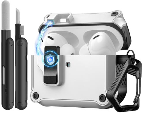 TiMOVO Hard Case for Airpods Pro 3 (2025) with Secure Lock Clip,White+Black | Automatic Pop-up Full Drop Protective Hard Cover for Apple AirPod Pro 3rd Generation with Climbing Hook & Cleaning Kit