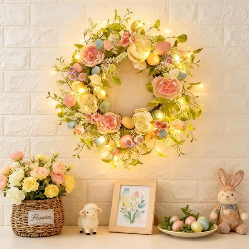 40CM Türkranz Frühling mit LED Licht, Frühlingskranz Haustür mit Lichterkette Künstliche Blumen Kranz Beleuchtet Frühlingsdeko Kranz mit Beleuchtung Türkranz Ostern Blumenkranz Wandkranz für Deko (G)