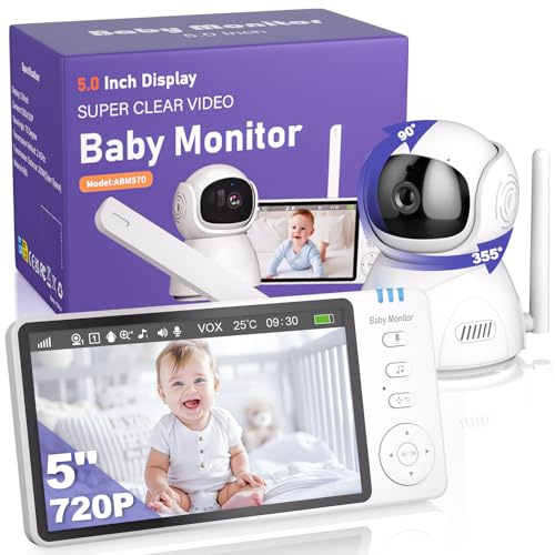 BURNNOVE Babyphone mit Kamera ohne WLAN, 5 Zoll IPS 720P, 3500mAh Akku | Nachtsicht, VOX, Gegensprechfunktion, 2-Wege-Audio, Temperaturanzeige, 4X Zoom, 355° Schwenken, Schlaflieder