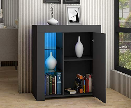 Anaelle Pandamoto Commode de Eclairage LED Meuble de Rangement en MDF+ Bois avec 3 Etagères en Verre + 3 Compartiments de Stockage + 1 Porte sur Salon, Chambre, Bureau Salle de Bains etc, Taille: 75*3