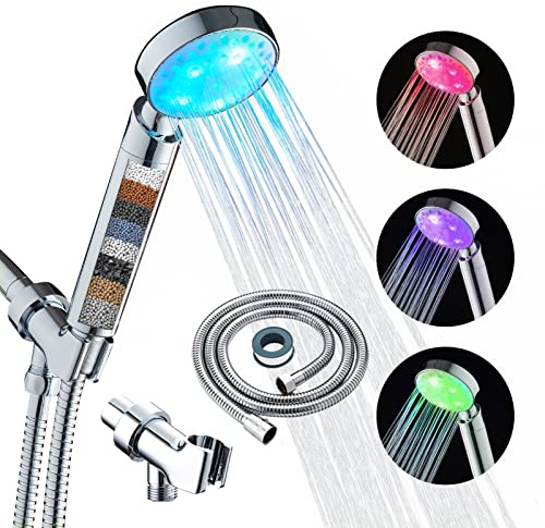 KAIREY Filtered Led Shower Head for Hard Water 7 Color Light Change Automatically Handheld Showerhead Polished Chrome with 60 Inches Stainless Steel Hose and Adjustable Bracket Filter Shower Head
