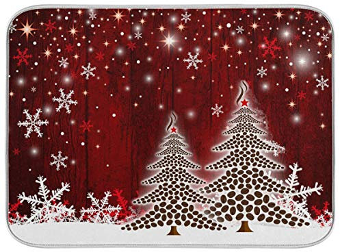 Christmas Tree Dish Drying Mat 16x18 inch Xmas New Year Snowflake Wooden Dish Drainer Kitchen Counter Mats Bottles Dish Dry Pad Protector for Kitchen Countertops