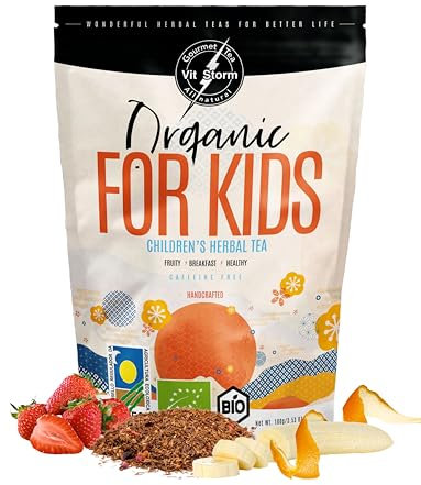 VITSTORM® Tisana BIO per Bambini – Tisana Rilassante per Dormire – Digestiva – Infuso Rooibos, Camomilla, Melissa, Fragola, Arancia, Lamponi – Tisana Frutti Rossi Senza Caffeina, 100g