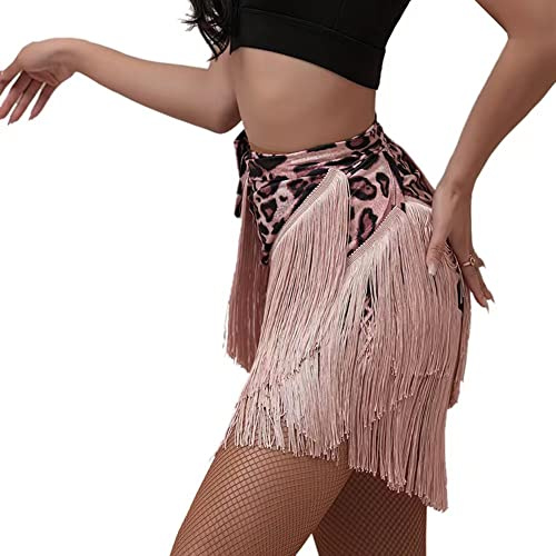 ZBH1985 Danskjolar för kvinnor ballroom latin dansklänning snörning kjol tango danskjol förkläde tofs kjol dans övning prestanda höft halsduk, Rosa leopardtryck, one size