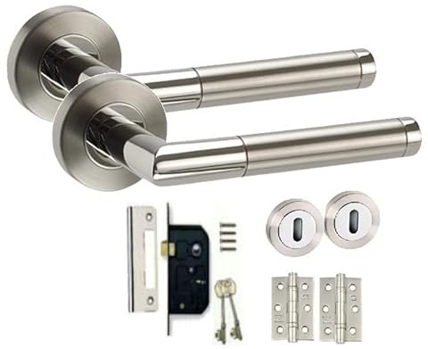 Golden Grace Mitred Door Handles Lever Pack, Duo Chrome Finish | Complete kit includes matching hinges, standard 8mm spindle, woodscrews and an allen key for seamless DIY home installation.