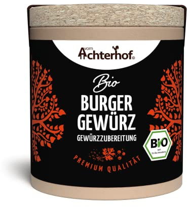 Burger Gewürzzubereitung Bio 52g | Hack-Gewürzmischung aus 10 Gewürzen | würzig lecker, mit angenehmer Schärfe im Abgang | verfeinert jedes Hack- und Veggie-Hackgericht | vom Achterhof