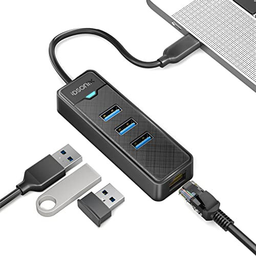 Adaptateur USB C vers Ethernet, iDsonix 4 Ports Hub USB 3.0 avec 5Gbps Transmission RJ45 Gigabit Ethernet Adaptateur avec MacBook Pro Air M2 M1 Windows, Mac OS, Surface Pro, Linux, etc.