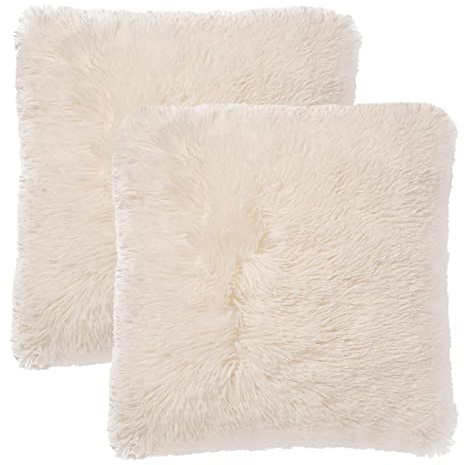Sienna Fluffy Shaggy Pack of 2 x Cushion Covers 45 x 45 cm Square Long Soft Fibre Home Sofa Pillow Couch Reversible Set, 18 x 18 - Natural Cream