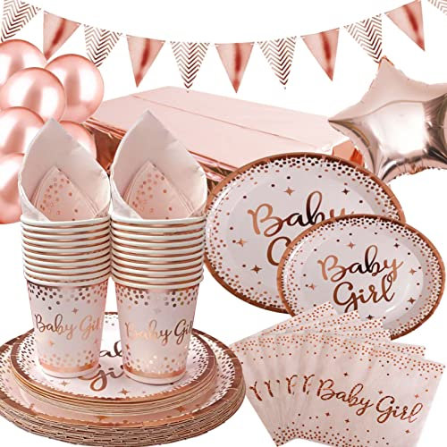 DUGEHO Stoviglie Compleanno per Feste 89 Pezzi Baby Girl Stoviglie Carta Set Include Piatti di Carta Tovaglioli Tazze Tovaglia, per Compleanni Matrimonio Nascita Battesimo Party ect (20 Ospiti)