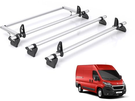 Van Demon Rhino Kammbar Pro 3 Roof Bars With 4 Loadstops & Roof Rack Rear Ladder Roller Bundle Compatible with Peugeot Boxer 2006+