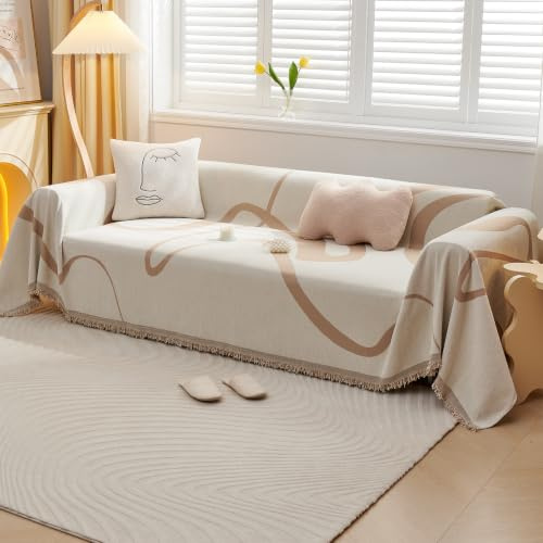 VanderHOME Sofaüberzug Sofa Handtuch Dekoration All-Season Universal Gewebte Quaste Überwurf Sofa Abstrakte Geometrische Linien Multifunktionale weiche Bequeme Decke 180 * 420cm Khaki