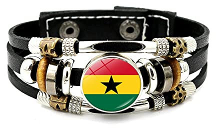 LODMLOER Black Stripe Ghana Flag Art Verstellbares Armband Lederarmband Zubehör Geschenk Modisch Lässig Spirituell Punk Vintage Perlen Kind Paar Geschenke Für Frauen Männer Bild 18 cm