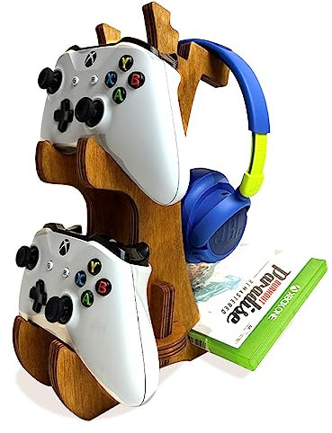 ROSTMARYGIFT Wooden Controller Stand PS5-3 Tier Dual Game Controller Holder, Headphone Hanger and Phone Stand - Universal Gaming Acessories and Gamer Gift - Portable Headset Storage Organizer
