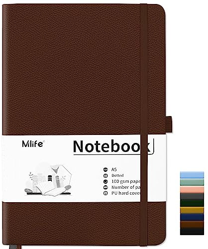 Mlife Notebook A5,Dotted Journal Buch mit 200 Seiten, Premium 100gsm Tintenfestes Papie Dickes,PU Hard Cover Notizbuch,Innentasche,Elastisch Gebändert,bullet journal&Dotted Notizblock A5(Braun)