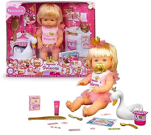 Nenuco - Princess, muñeco bebé con Pelo Rubio de 42 cm, Lleva Ropa y Corona de Princesa, 11 Funciones y 10 Accesorios de cuidados y comiditas para Jugar, +2 años, Famosa (NFN61000)