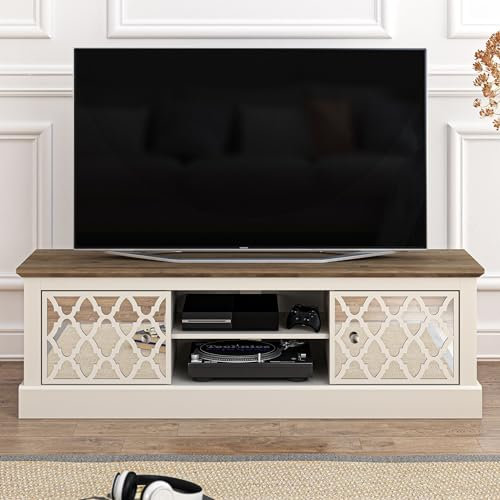 Galano Sufly 2-Door TV Unit – Entertainment Centre for TVs up to 55 – Storage Cabinet and Media Console for Living Room – Ivory/Oak Finish