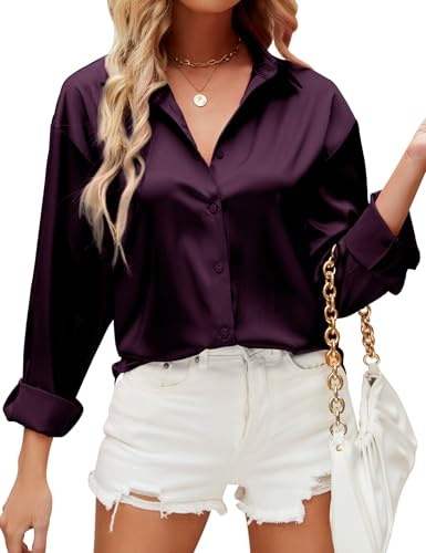HANERDUN Chemisier pour Femmes Manches Longues Chemise à col en V La Soie Élégante Casual Tops Chemisier uni de Travail à Boutons sur Le Devant Top de Soirée Business
