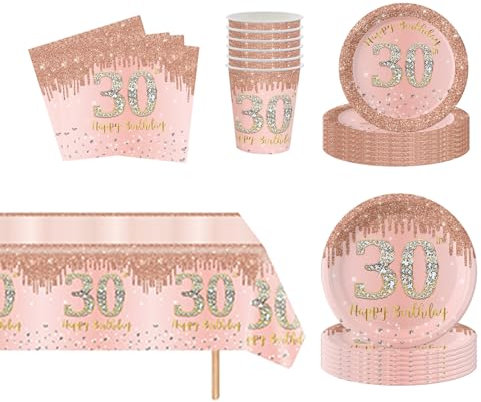 69Pcs Rose Gold 30th Birthday Party Tableware,Pink 30th Birthday Tableware Set with 32P Paper Plates,20P Napkins,1P 30th Table Cloth,16P Paper Cups for Women Her Birthday Party Table Decorations
