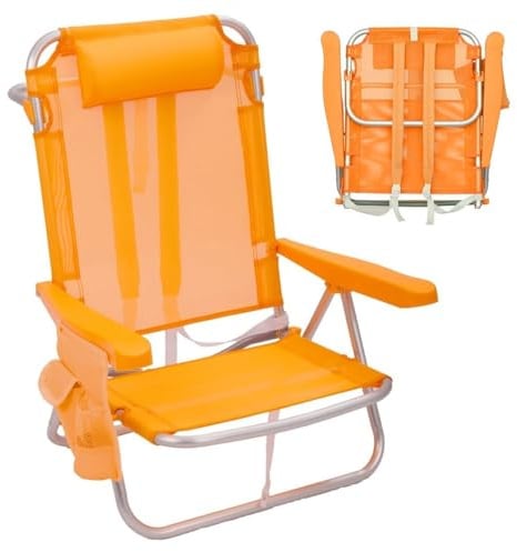 LOLAhome Silla Playa Plegable Mochila con Cojín y Reclinable, Naranja | Abatible 4 posiciones, Ligera de Aluminio. Respaldo-asiento textileno transpirable. De 61 x 47 x 80 cm. Tubo de 22 mm.
