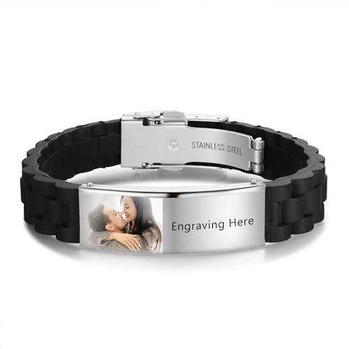 Jeweidea Foto Armband Herren mit Gravur Personalisiertes Armband mit Namen Gravierter Silikon Einstellbar Armband Geschenke für Männer Papa Geschenk Vatertag Personalisierter Schmuck