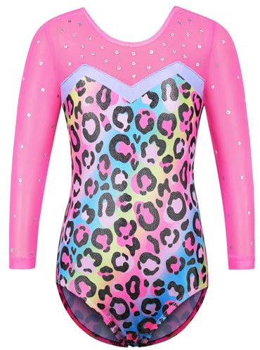 ZNYUNE Langärmeliger Gymnastikanzug für Mädchen, glitzernd, Tanzen, athletischer Gymnastikanzug für Mädchen, 346 PinkLeopard 8A