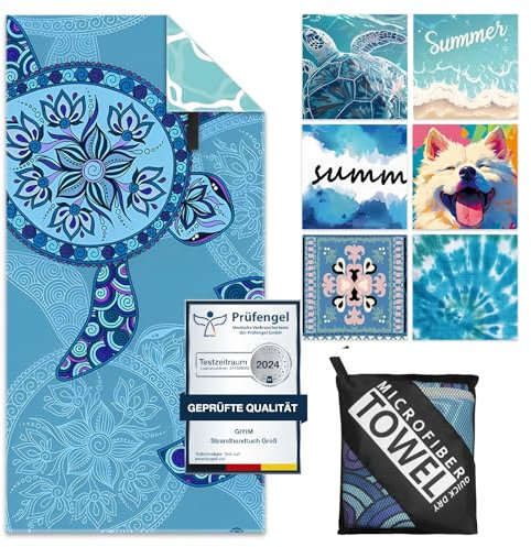 Giyim Strandtuch XXL - 180 x 100 cm Mikrofaser Handtuch mit Tasche, Saugfähig und Schnell Trocknende Strandhandtuch, Weiches & Leichtes Beach Towel für Strand, Schwimmen (Schildkröten)