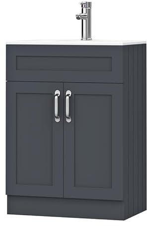 BELOFAY Crawley Grey 600mm Floor Standing Bathroom Vanity Unit With Basin - Laquered Cloakroom Vanity Unit with 1 Tap Hole Ceramic Basin and Soft Close Hinges. (WASTE INCLUDED)