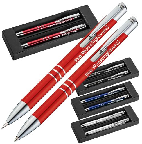 Juwelier Schönschmied Schreibset Mit Kugelschreiber & Druckbleistift Aus Metall Mit Gravur | Blau Schreibend | Personalisierte Kullis | Graviert Mit Name (25) Rot