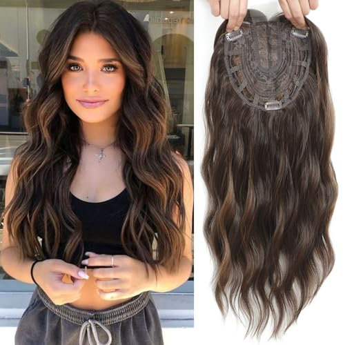 VEGALILY 20inch Hair Topper, 7x7 Base Size Wavy hair Topper for Women, Handmade Natural Hairline Hair toppers Fake Hairpieces for Women (Brown with Highlights)