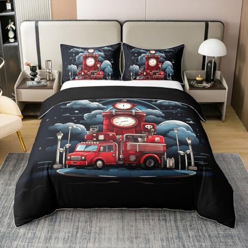 Roter Feuerwehrwagen Tröster Abdeckung 155x220,Cartoon Fahrzeug 100% Baumwolle Bettbezug,Uhr Druck Bettwäsche Set,Reversible Schwarze Moonnight Cool Bettbezug für Jungen Kinder Teens