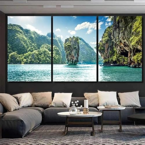 QYYAMDEQ Leinwand Bilder,Poster, Kunstdrucke 3 Stück Insel in der Bucht von Phang Nga Thailand Wandbilder Groß Painting Bilder 3 Teilig Wanddekoration Leinwandbilder Flur Deko Wohnzimmer Modern