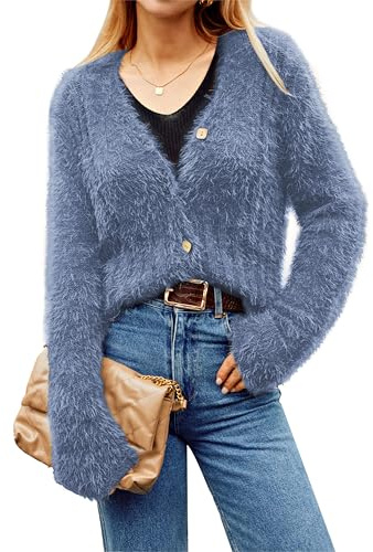 GRACE KARIN Strickjacke Damen Kurz V-Ausschnitt Langarm Cardigan Knopfleiste Weich Gemütlich Herbst Winter Strickpullover Elegant Casual Schulterjacke Top