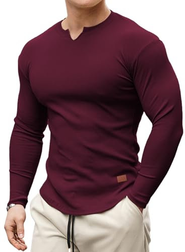 Meilicloth Mens T Shirts Henley Long Sleeve Men Casual Pullover V Neck Top Muscle Longline Ribbed Tee Shirt Red Large
