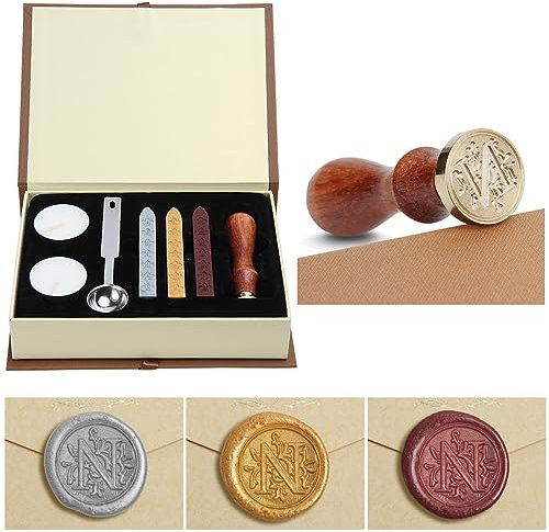 Siegelwachs-Set,Classical Old-Fashioned Antique Wax Stamp Seal Kit Initial Letters Alphabet Set Gift Box with Vintage Wooden Handle and Brass Color Head, Siegelstempel-Wachsset, Geschenkbox (N)