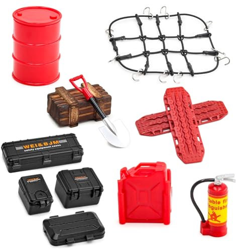 Ezweiji RC Crawler Car Décoration de toit 12 en 1 - Boîte de rangement, filet à bagages, pelle pour Traxxas Desert Racer Slash Axial