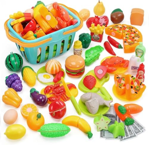 HOLYFUN 100 PCS Kinderküche Spielküche Zubehör, Pretend Obst & Gemüse Zubehör mit Einkaufskorb, Kunststoff Mini Gerichte, Spielgeld, perfekte pädagogisches Spielzeug für Kleinkinder