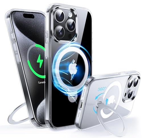 FNDMIL 360° Rotatable Magnetic Ring for iPhone 15 Pro Case with MagSafe | [Non-Slip Texture Edge][Built-in Kickstand][Military Shockproof][Anti-Yellowing] Transparent Soft Silicone Bumper Slim,Clear