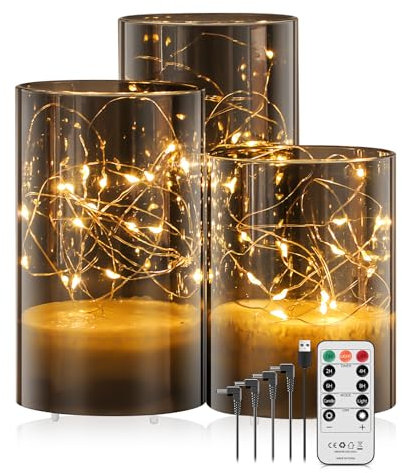 Forever Speed 3er-Set Led Kerzen Aufladbar 1000mAH mit Fernbedienung Timer Lichterkette Kerzen Wiederaufladbare Dekorative Lichter Dimmbar Flammenlose Kerzen für Wohnkultur, Hochzeiten - Grau