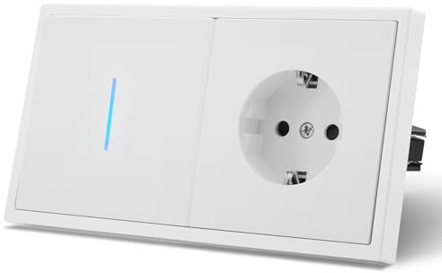 MVAVA Lichtschalter mit Steckdose, 1 Fach 2 Wege Lichtschalter Unterputz mit Federanschlüsse, Vertikal Montierbar Seidig-Matte Wandschalter mit LED Kontrollleuchte, 80mm*150mm Weiß, M3-Serie