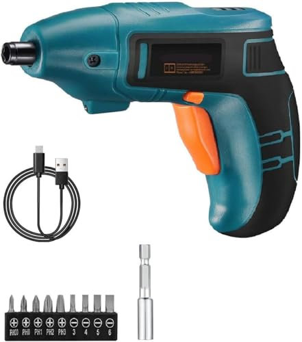 Mini Akku-Schrauber 3,6V, 200 U/Min, 5 Nm, 2000mAh, mit 9+1 Bits, LED-Licht, USB-Ladekabel – kompakter Schraubendreher für DIY & Heimwerker (Blau)